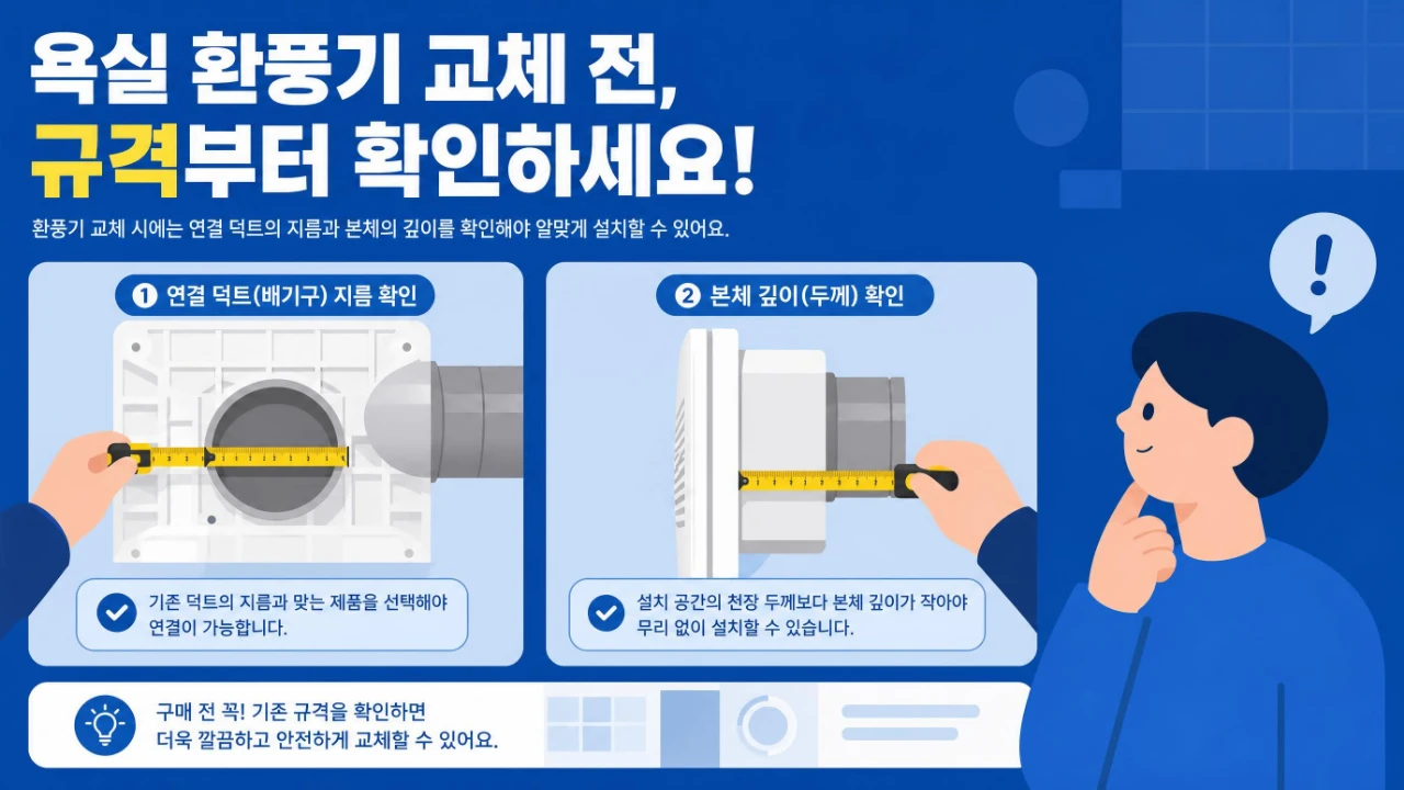 욕실 환풍기 뒤쪽 배기 덕트와 본체 깊이 규격을 살펴보는 모습