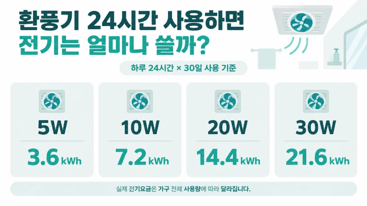 욕실 환풍기를 24시간씩 30일 사용했을 때 5W부터 30W까지 소비전력별 월 전력사용량 비교