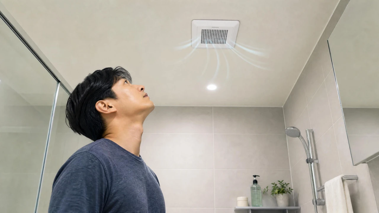 욕실 천장 환풍구에서 들어오는 냄새를 살펴보는 모습