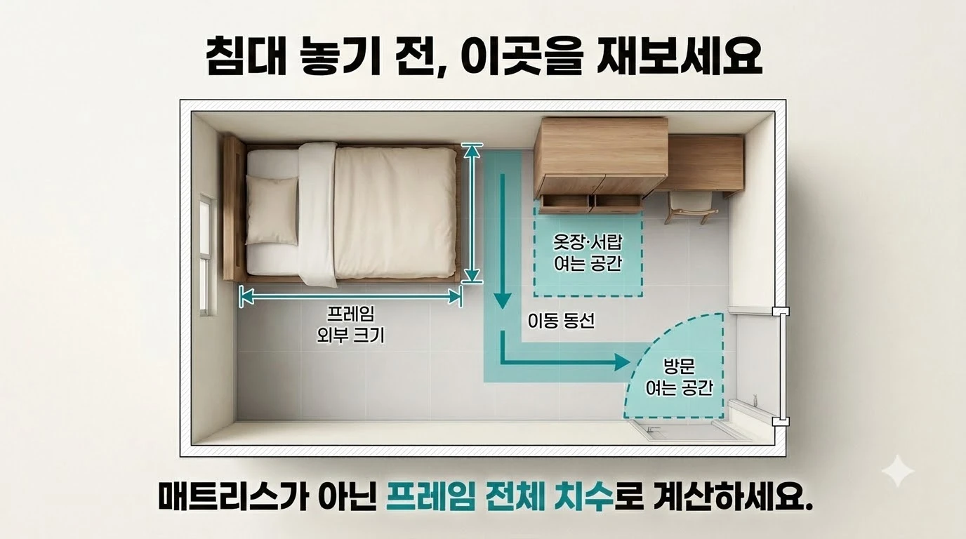 슈퍼싱글 침대 설치 전 프레임 외부 크기, 방문이 열리는 공간, 옷장과 서랍의 사용 공간, 이동 동선을 확인하는 방 평면도