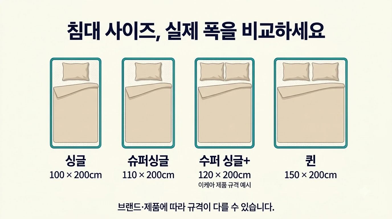 싱글 100×200cm, 슈퍼싱글 110×200cm, 수퍼 싱글+ 120×200cm, 퀸 150×200cm 매트리스 폭 비교