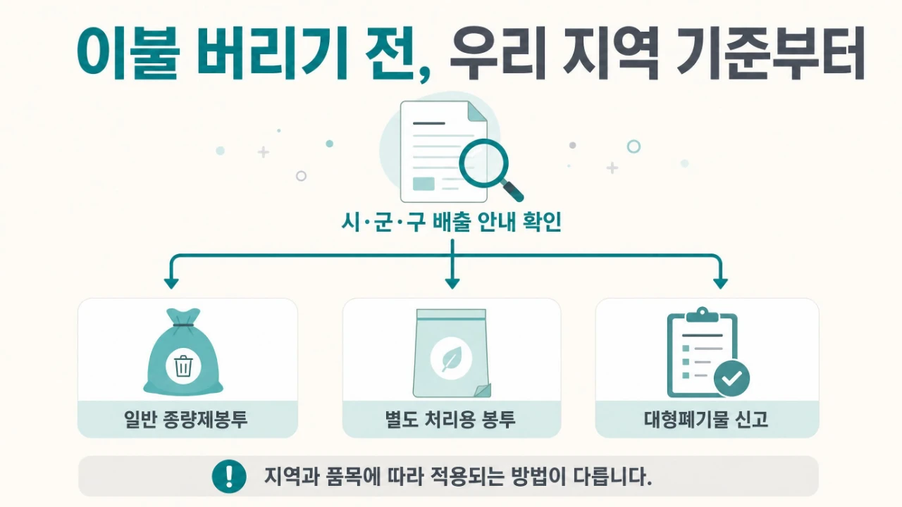 이불 배출 전 지자체 안내를 확인하고 일반 종량제봉투, 별도 처리용 봉투, 대형폐기물 신고 중 해당 방법을 찾는 절차
