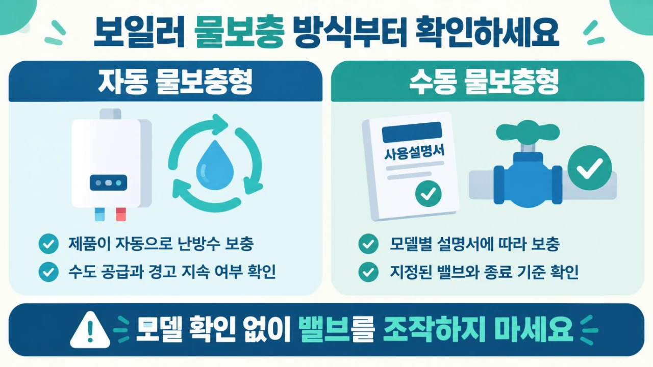 자동 물보충형과 수동 물보충형 보일러의 차이 및 확인사항을 비교한 설명 이미지