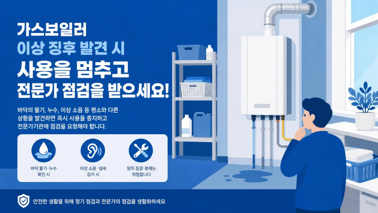 보일러 주변 누수 등 직접 손대지 말아야 할 이상 신호를 살펴보는 모습