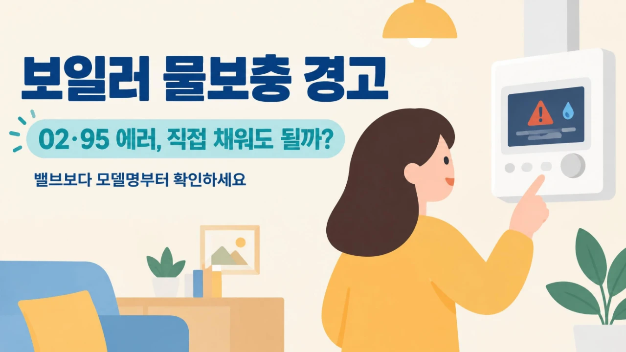 가정용 보일러 온도조절기의 물보충 경고를 확인하는 모습