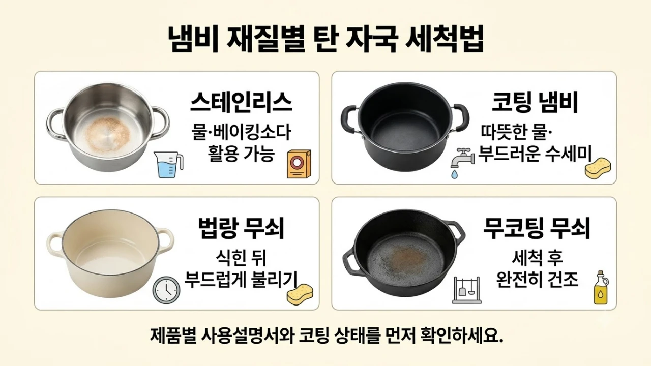 스테인리스 냄비, 코팅 냄비, 법랑 무쇠 냄비, 무코팅 무쇠 냄비의 세척 방법과 주의사항 비교