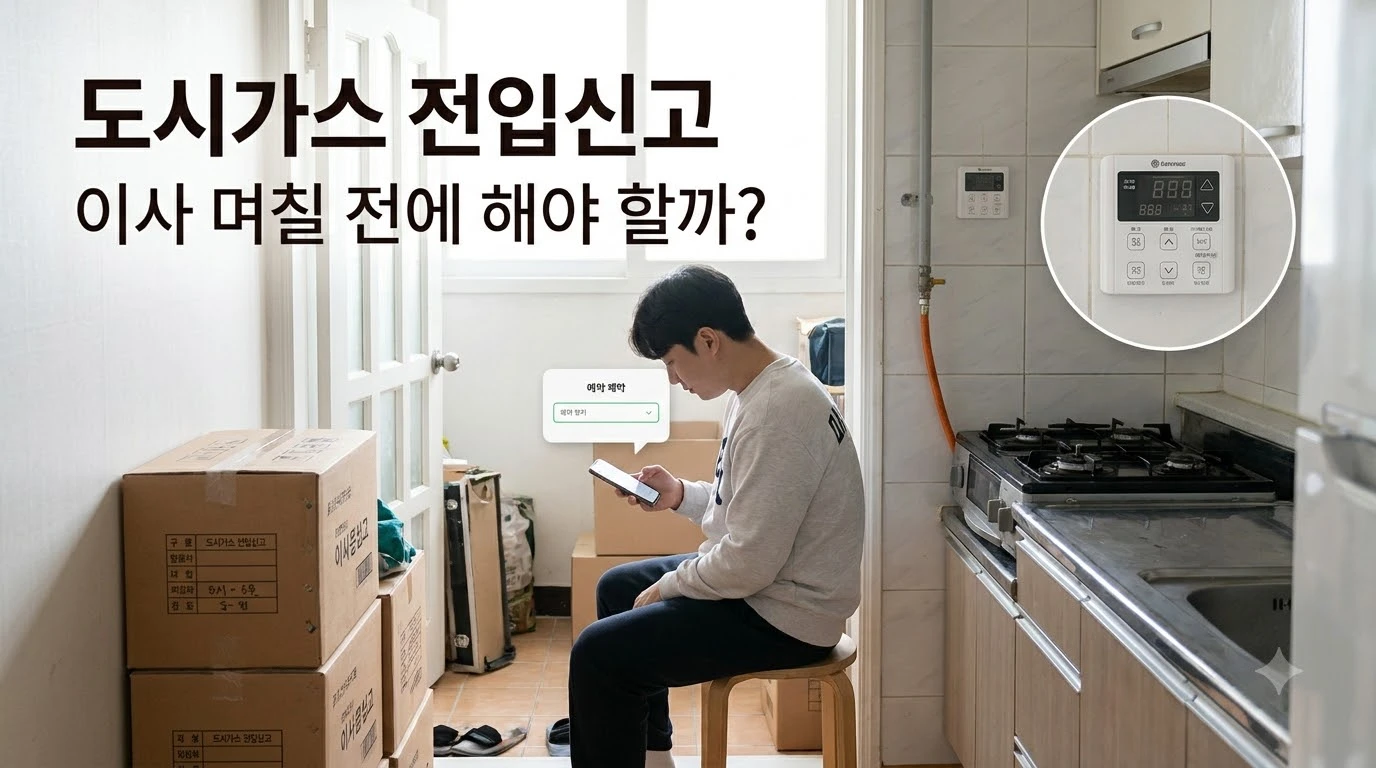 이사를 앞두고 스마트폰으로 도시가스 전입신고를 예약하는 모습