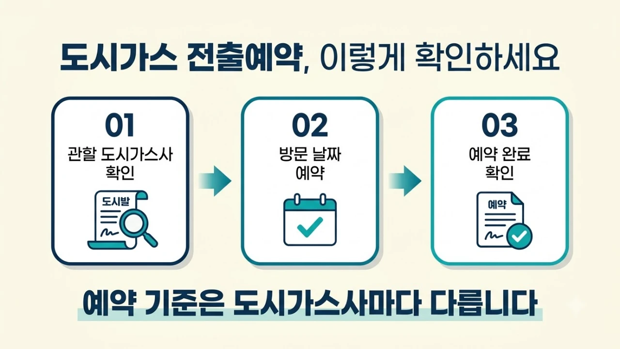 관할 도시가스사 확인, 방문 날짜 예약, 예약 완료 확인의 세 단계