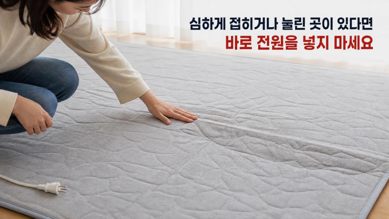 전기장판에 심하게 접히거나 눌린 흔적이 남아 있는지 살펴보는 장면
