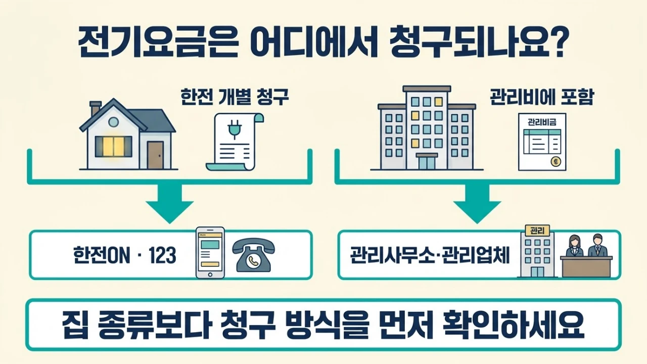 한전 개별 청구는 한전ON·123, 관리비 포함은 관리사무소·관리업체에 문의하는 청구 방식 구분 도해