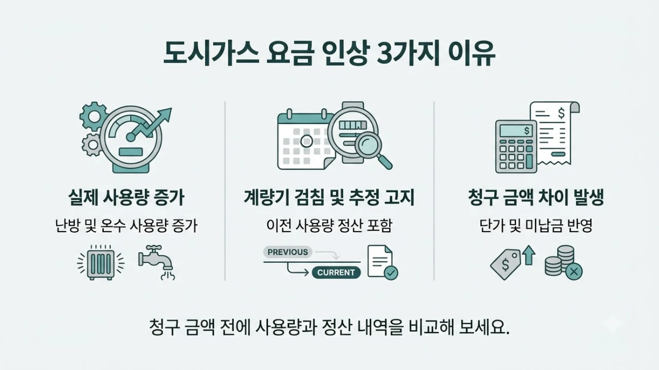 도시가스 요금 증가 원인을 실제 사용량 증가, 검침과 추정 고지, 청구 금액 차이로 구분한 설명 이미지