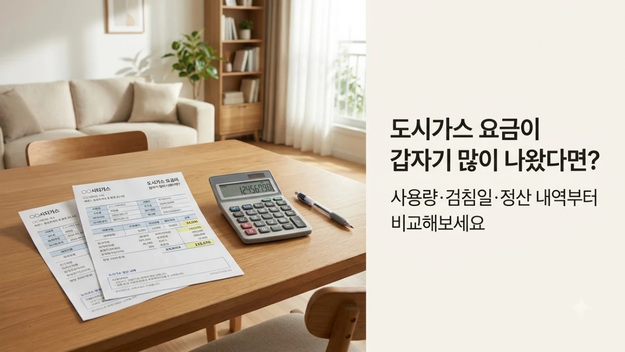 도시가스 고지서 두 장을 비교하며 사용량과 검침일, 정산 내역을 확인하는 설명 이미지