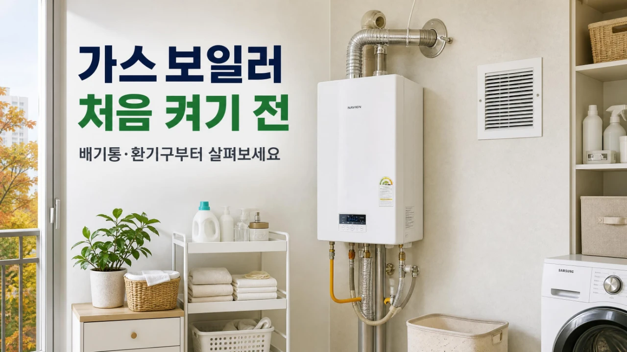 다용도실 벽에 설치된 가스보일러와 금속 배기통, 주변이 비워진 환기구