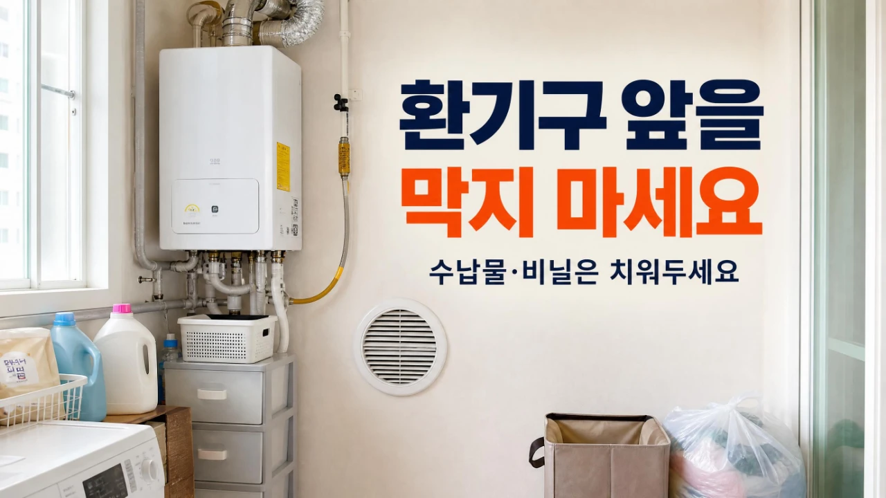 가스보일러가 있는 다용도실에서 수납물과 비닐을 옆으로 두어 앞을 비워둔 벽면 환기구