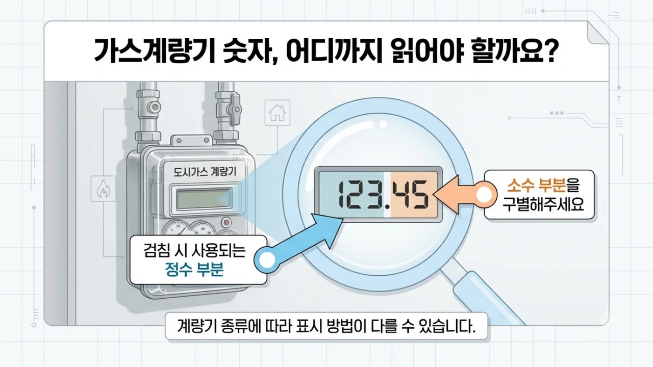 가스계량기 지침의 정수 부분과 소수 부분을 구분하는 설명 이미지