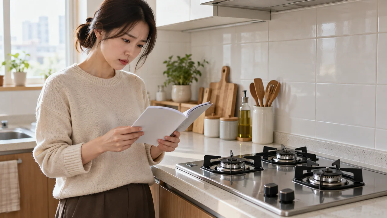 불이 꺼진 가스레인지 옆에서 제품 설명서를 확인하는 모습