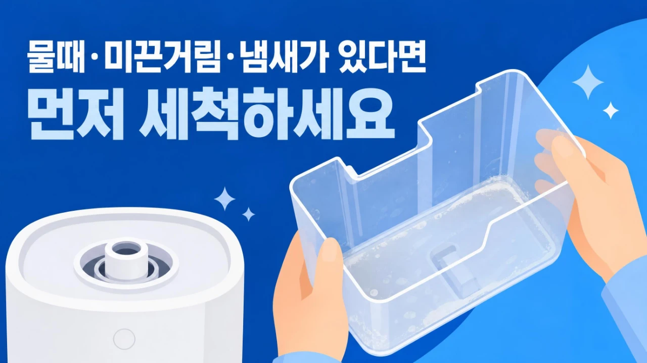 가습기 물통 안쪽의 물때와 오염 상태를 살펴보는 장면