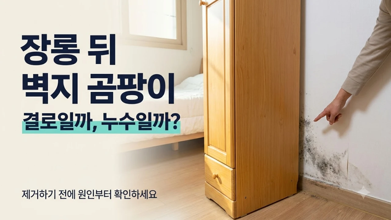 장롱 뒤 벽지 곰팡이와 결로·누수 원인 확인을 설명하는 연출 이미지