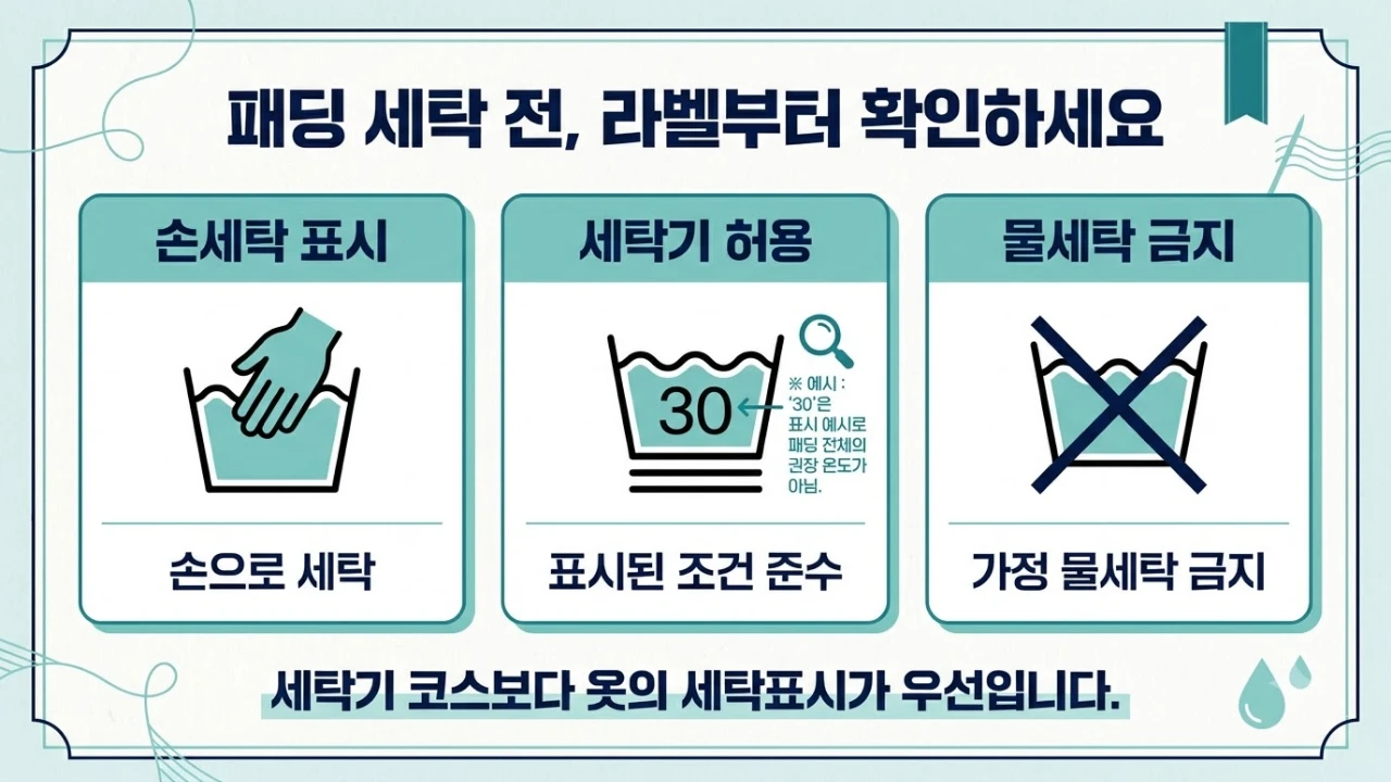 패딩 의류 라벨의 손세탁, 세탁기 사용 허용, 물세탁 금지 표시와 각각의 의미를 설명한 비교 이미지
