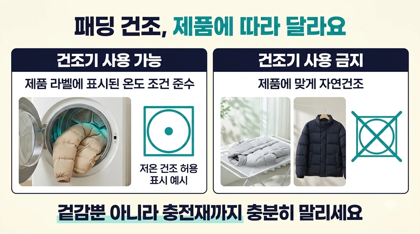 패딩의 건조기 사용 가능 여부에 따라 건조기와 자연건조를 구분한 비교 이미지