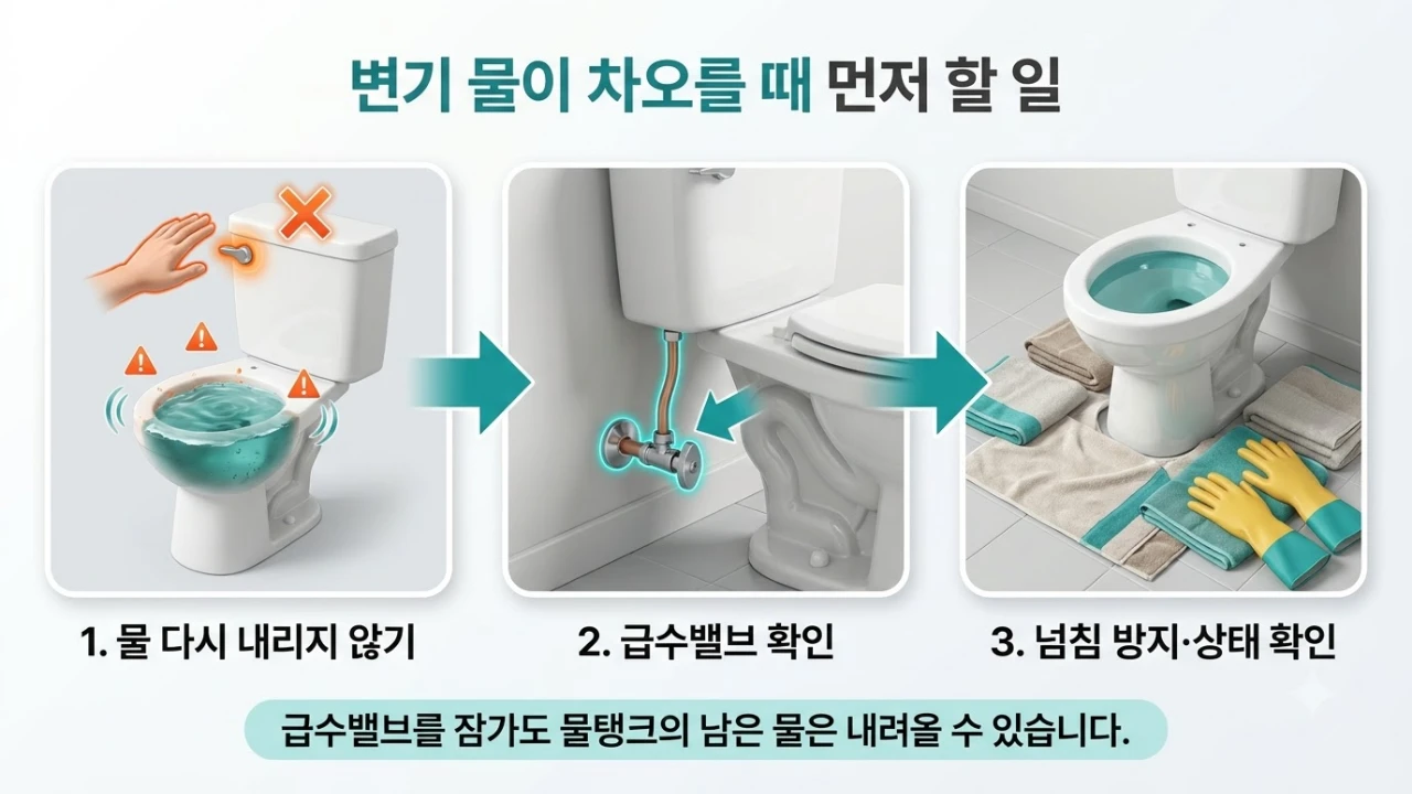 변기 물이 차오를 때 물을 다시 내리지 않고 급수밸브와 넘침 방지 상태를 확인하는 3단계 대처 방법
