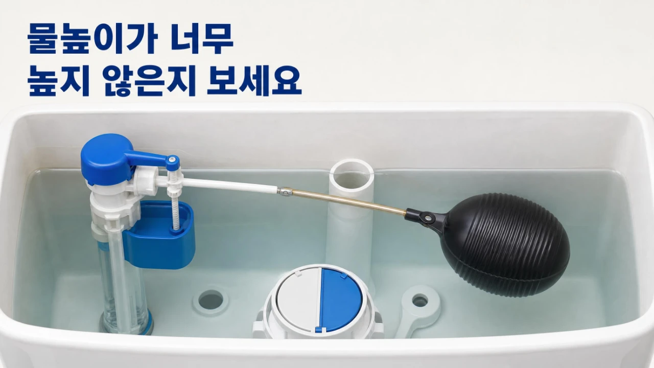 변기 물탱크의 오버플로관과 물높이를 살펴보는 모습