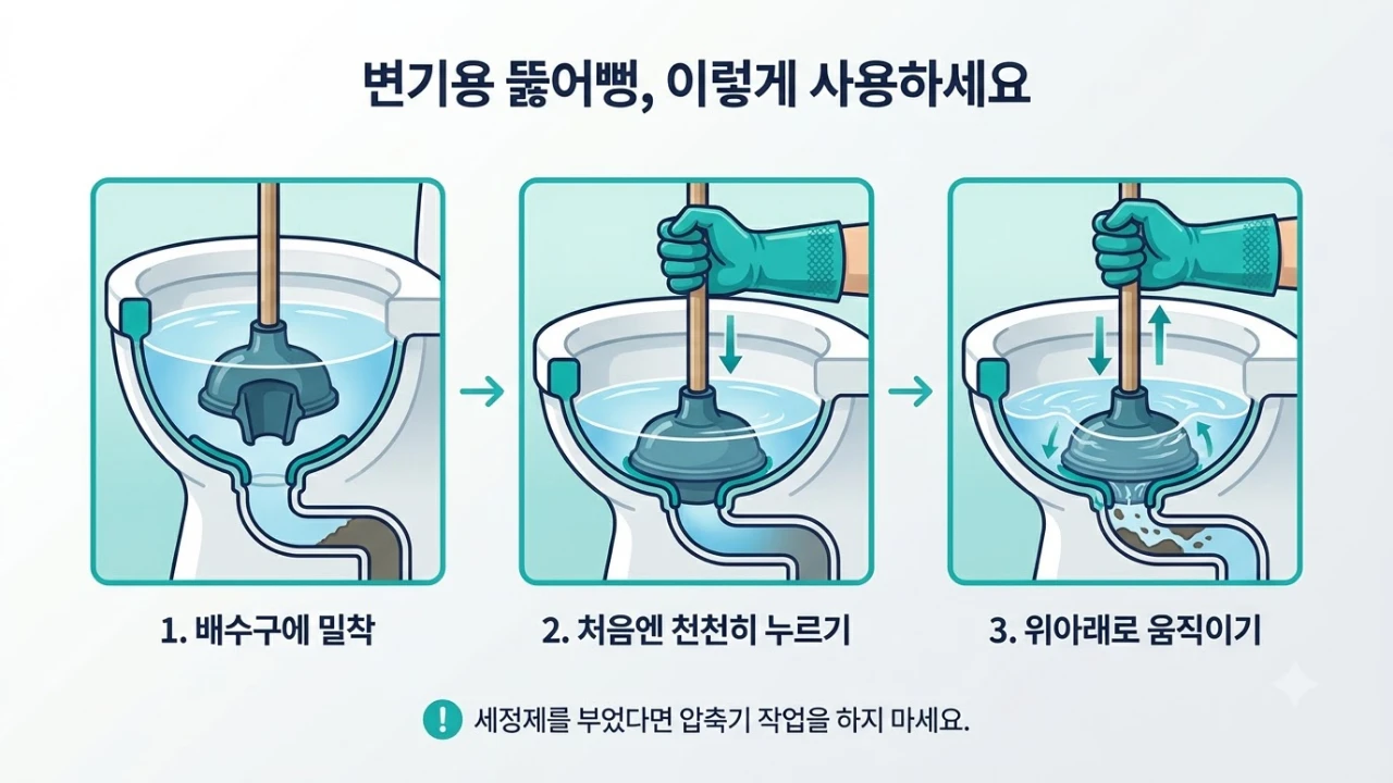 변기용 뚫어뻥을 배수구에 밀착하고 천천히 누른 다음 위아래로 움직이는 올바른 사용 방법