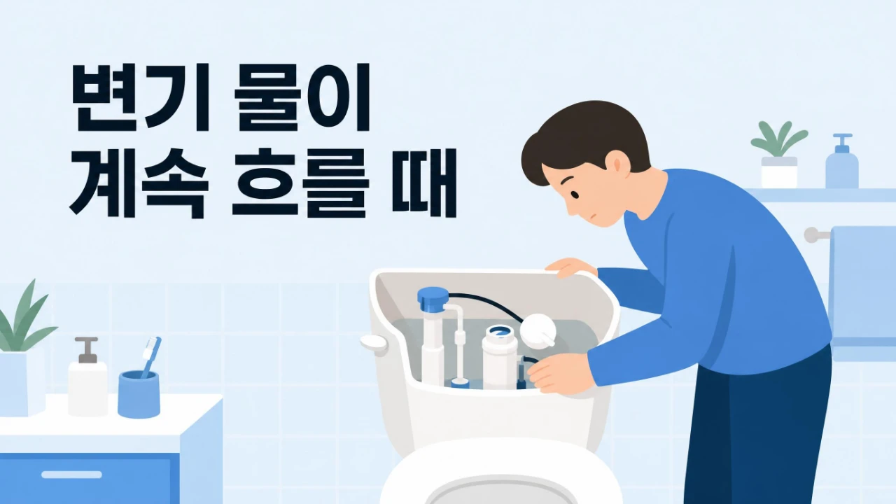 물이 계속 흐르는 변기의 물탱크 내부를 살펴보는 모습