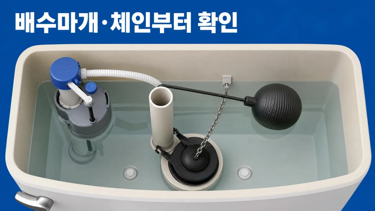 변기 물탱크 안의 배수마개와 체인, 급수밸브와 오버플로관