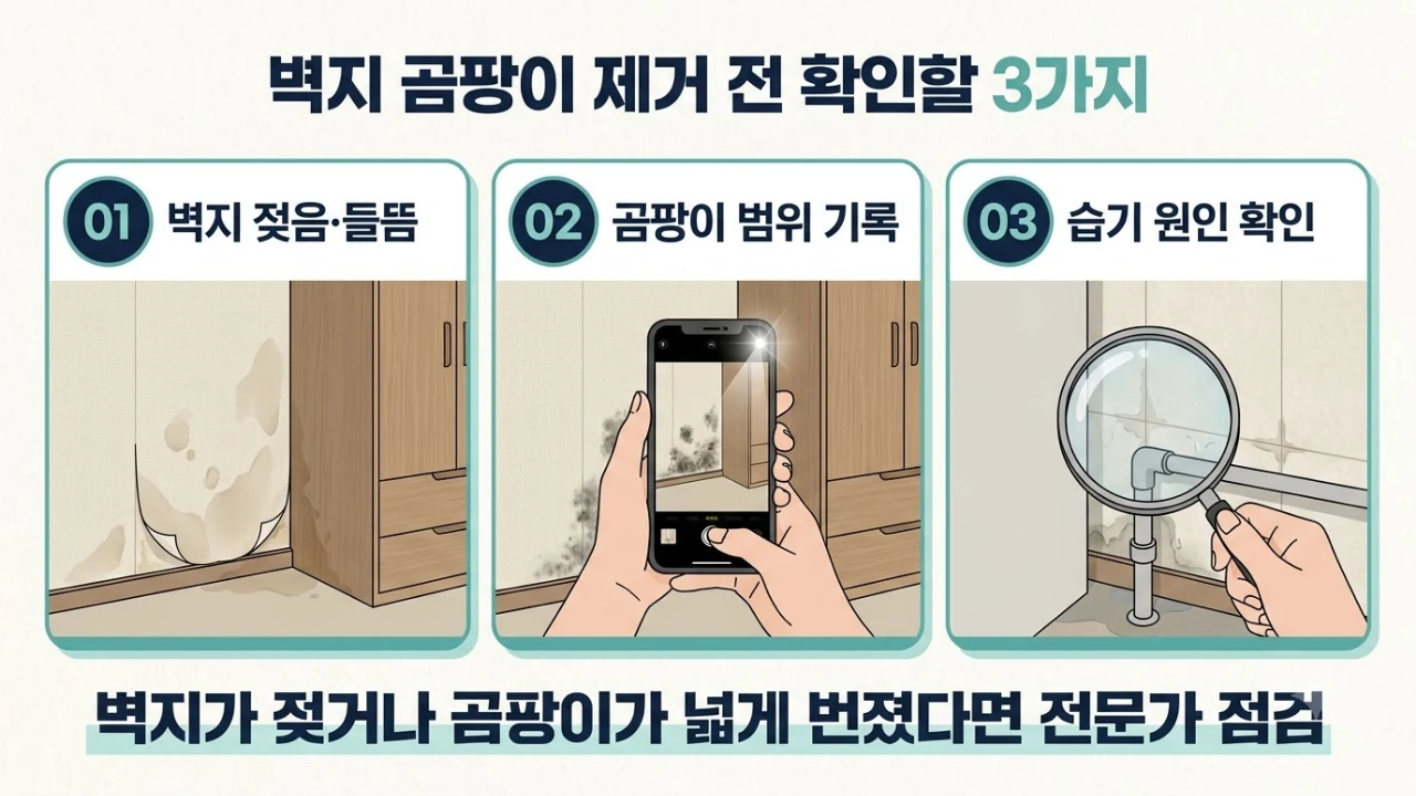 벽지 젖음·들뜸, 곰팡이 범위 기록, 습기 원인 확인의 세 가지 점검 항목 도해