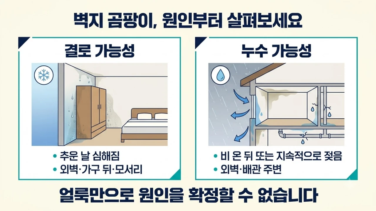 추운 날 외벽·가구 뒤 결로 가능성과 비 온 뒤·배관 주변 누수 가능성을 비교한 도해
