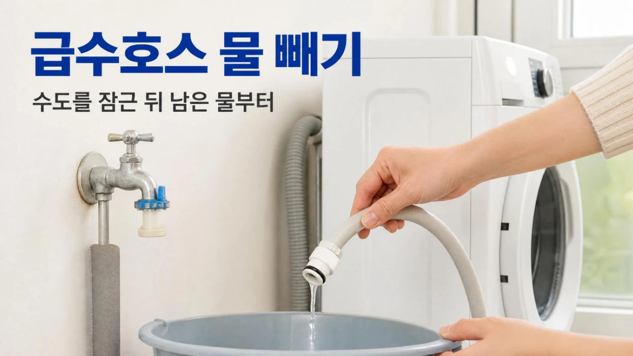 수도꼭지를 잠근 뒤 세탁기 급수호스에 남은 물을 빼는 모습