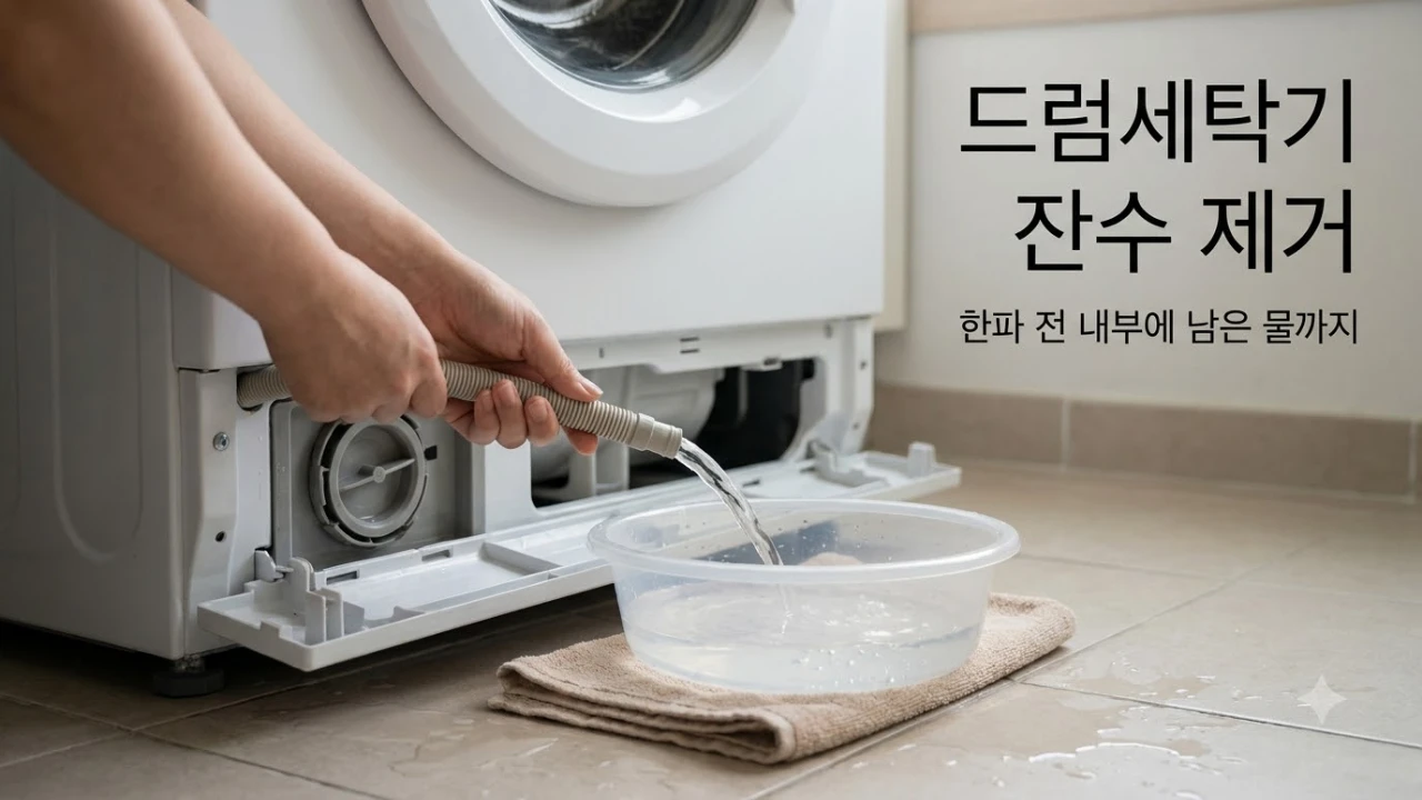 드럼세탁기 하단 잔수 제거 호스에서 남은 물을 빼는 모습
