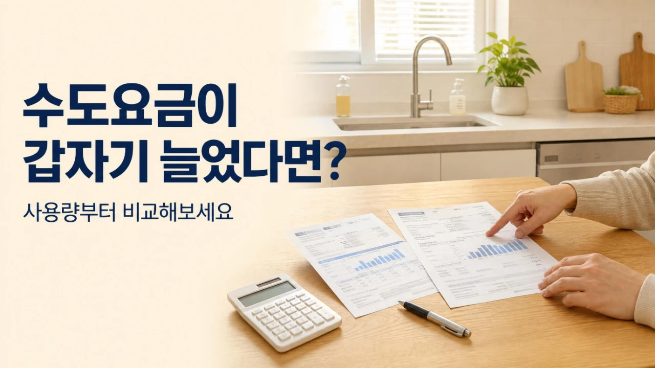 수도요금 고지서의 사용량을 비교하는 모습과 수도요금이 갑자기 늘었다면 사용량부터 비교해보세요라는 안내