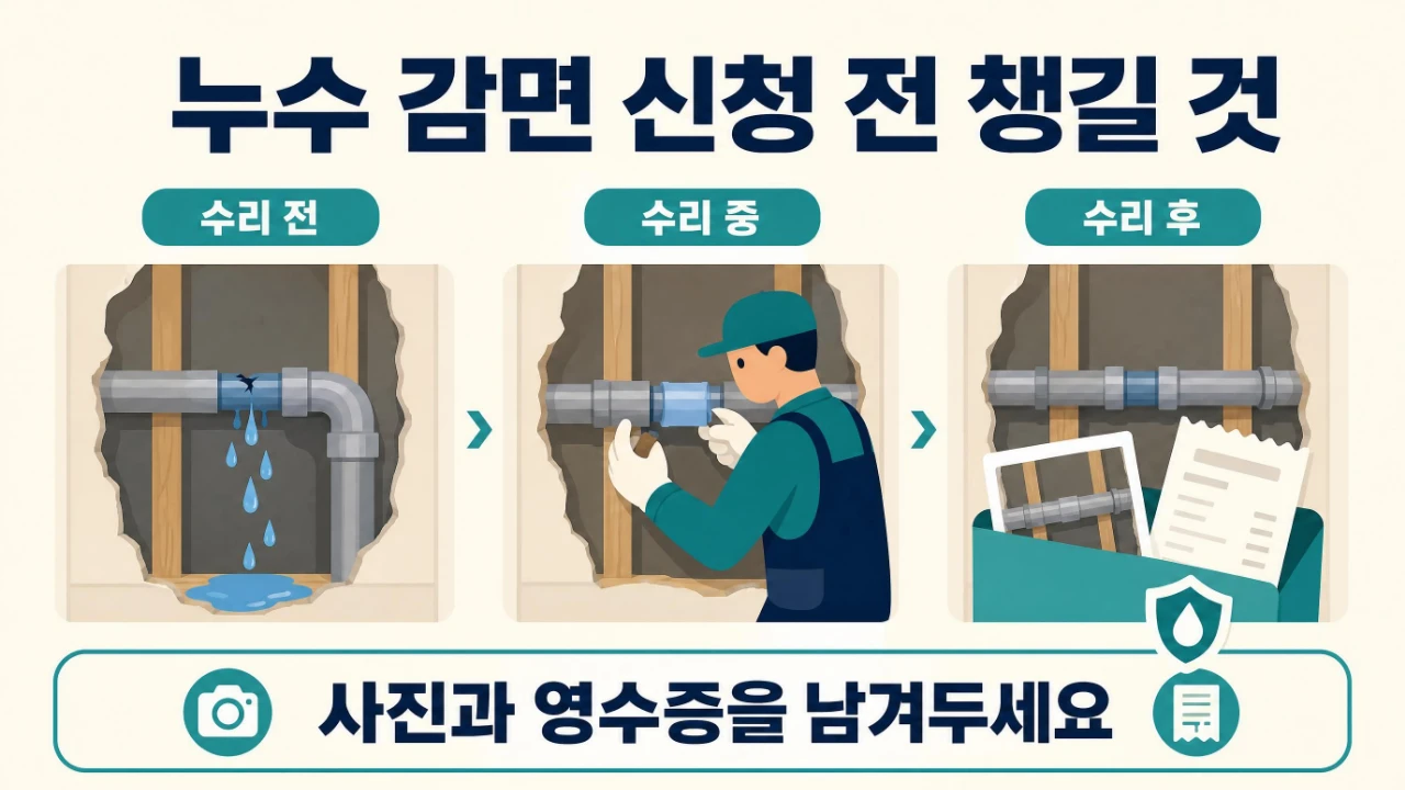 매립 배관의 수리 전·중·후 사진과 영수증을 챙기는 누수 감면 신청 자료 안내