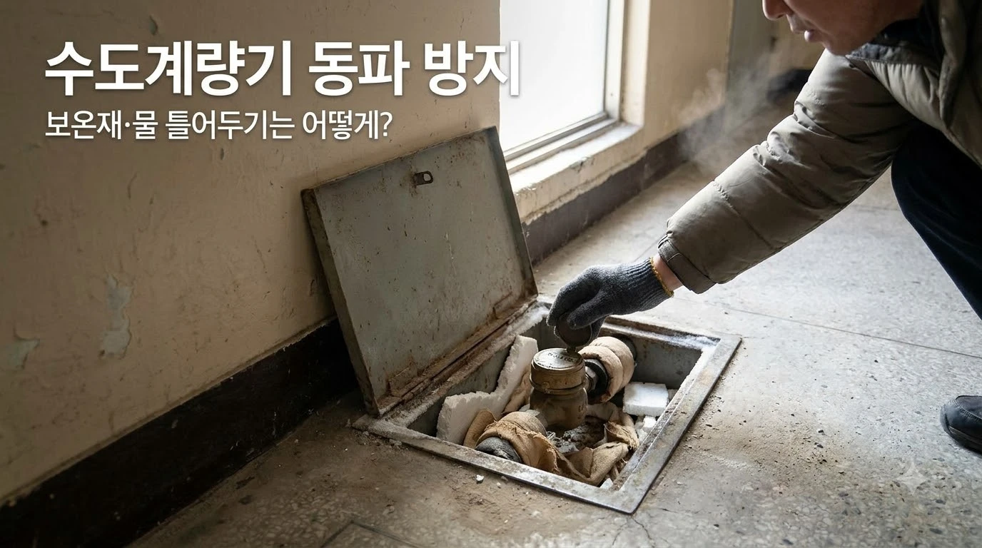겨울철 수도계량기함을 열어 계량기와 주변 보온재 상태를 확인하는 모습