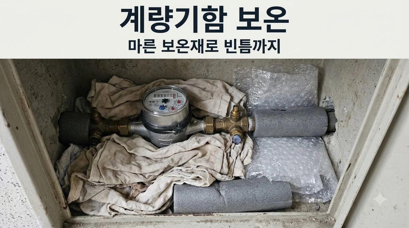 수도계량기와 주변 배관을 감싼 보온재와 계량기함 내부를 살펴보는 모습