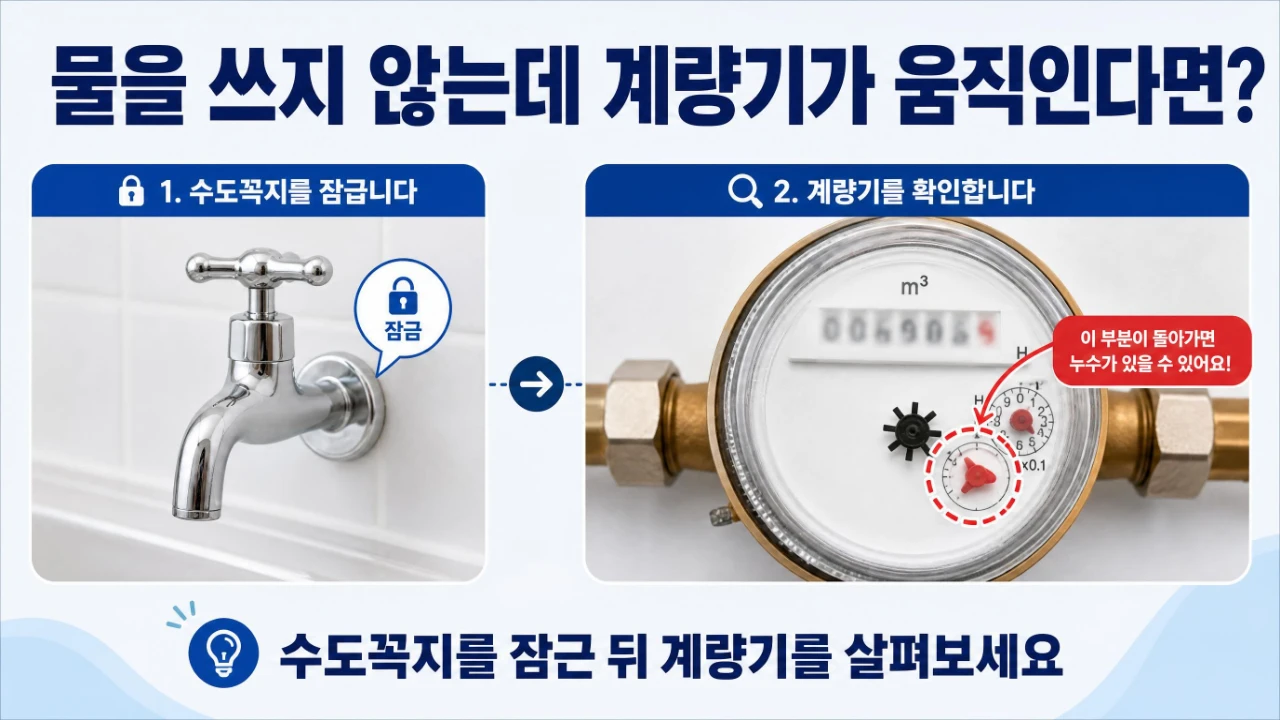 수도꼭지를 잠근 뒤 수도계량기의 움직임을 살펴보는 누수 확인 안내